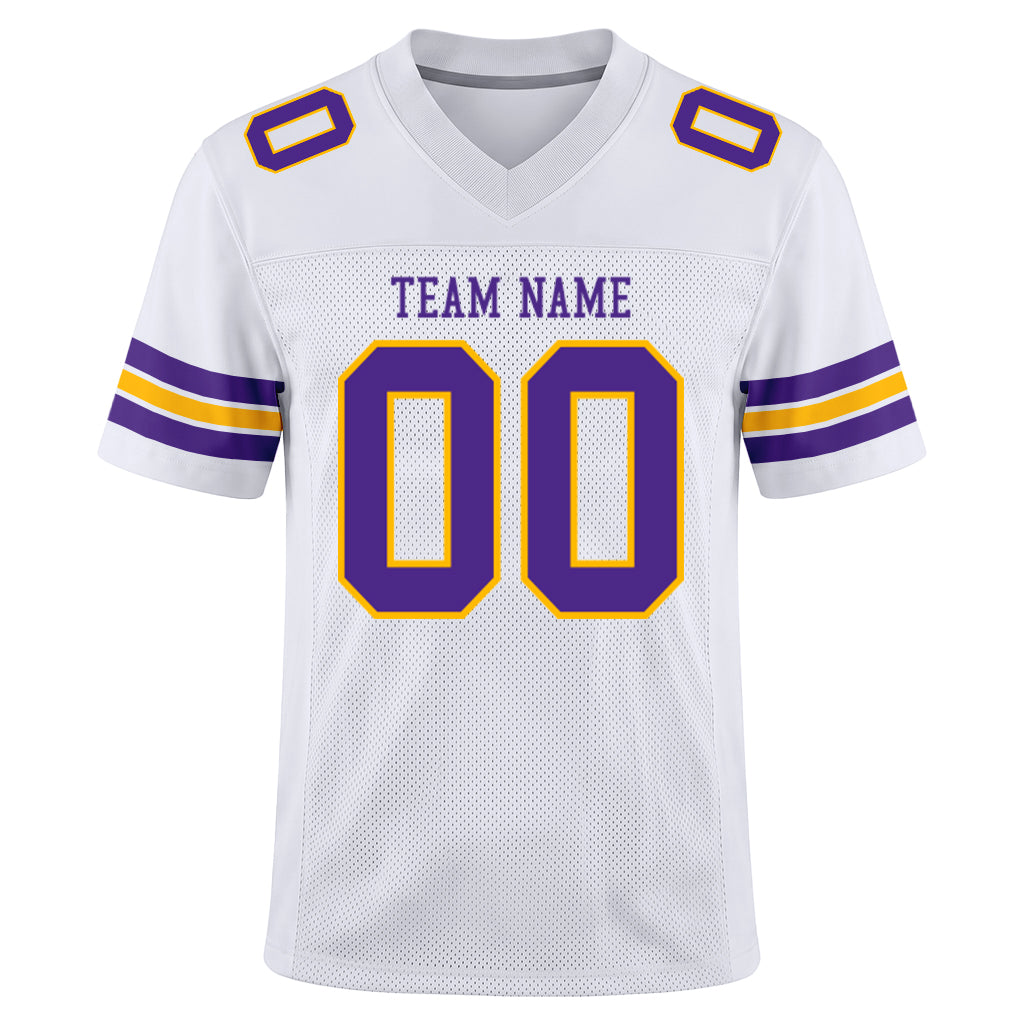 Custom White Purple-Gold Mesh Football Jersey