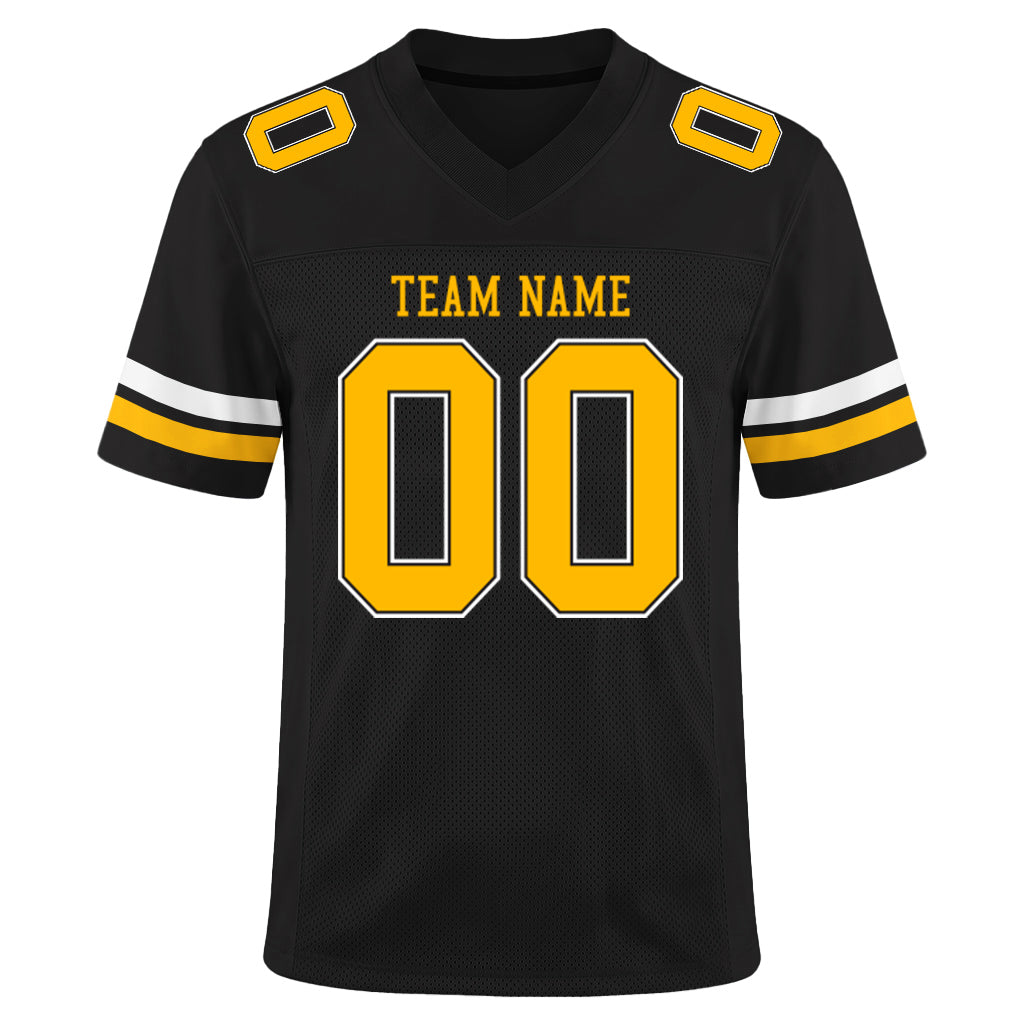 Custom Black Gold-White Mesh Football Jersey