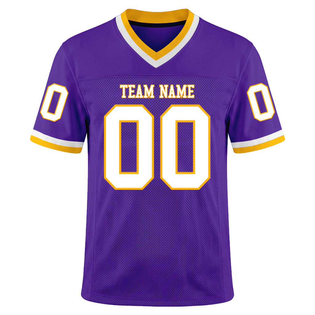 Custom Purple White-Gold Mesh Football Jersey