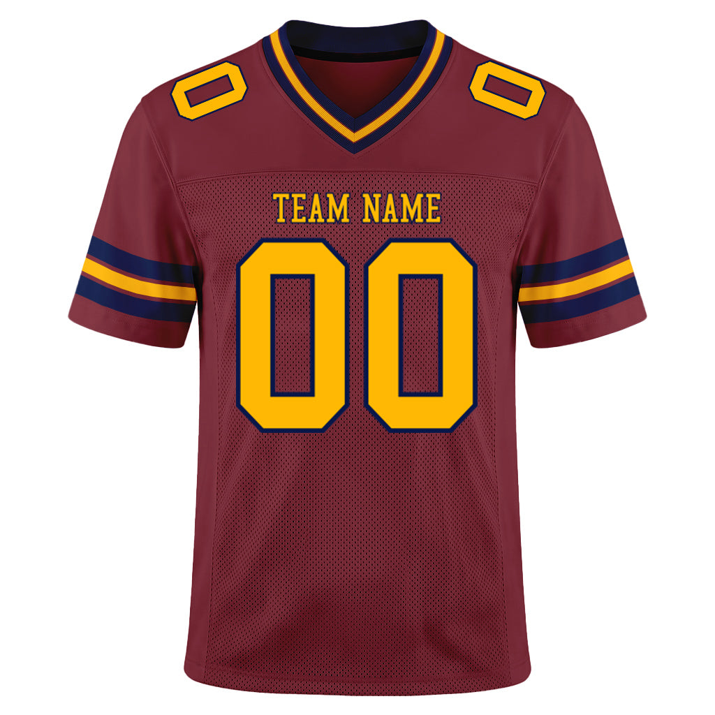 Custom Burgundy Gold-Navy Mesh Football Jersey
