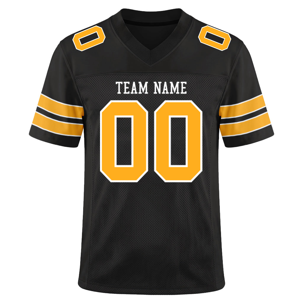 Custom Black White-Gold Mesh Football Jersey