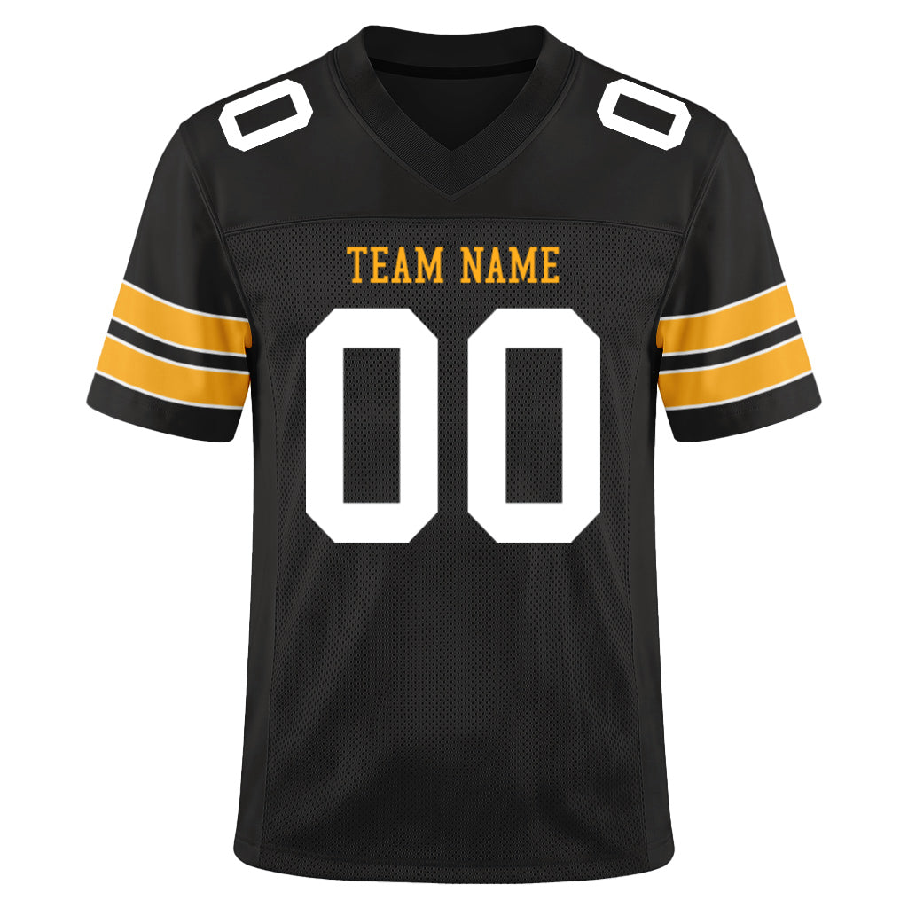 Custom Black White-Gold Mesh Football Jersey
