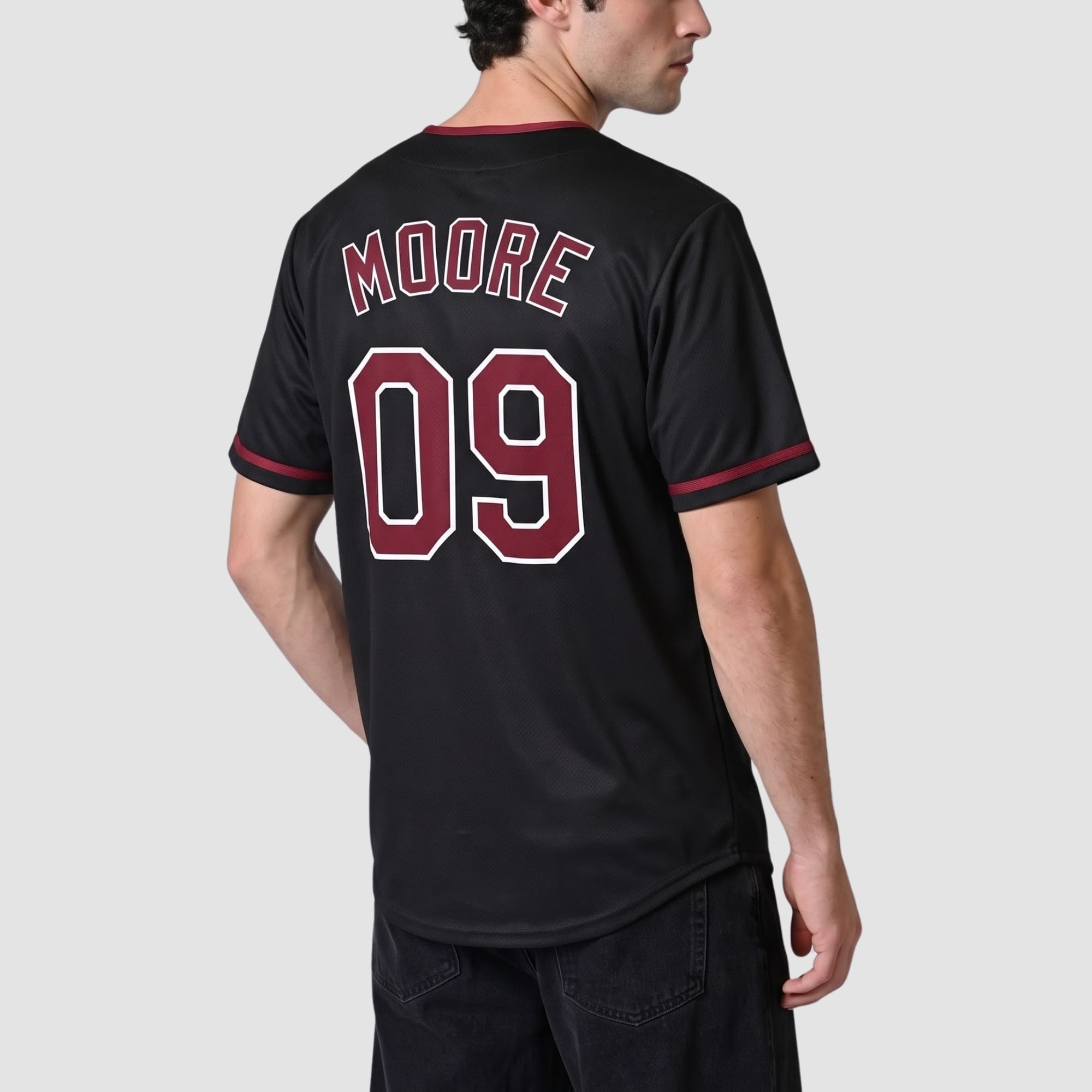 Custom Black White Crimson Collar Sleeve Feature Baseball Jersey