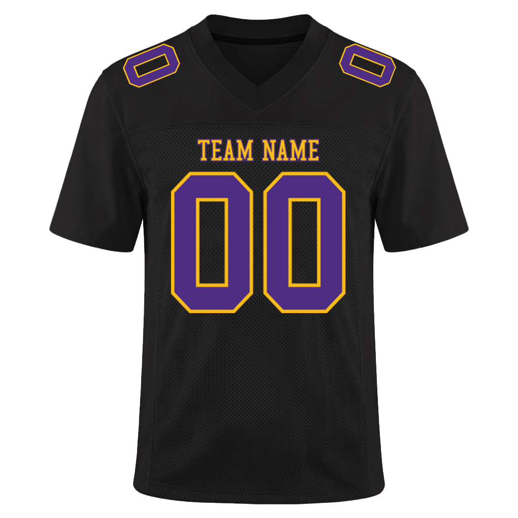 Custom Black Purple-Gold Mesh Football Jersey