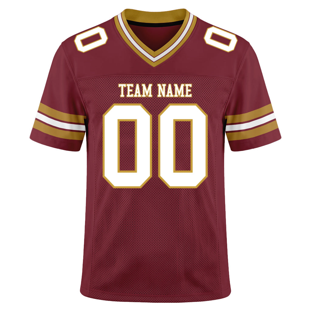 Custom Burgundy White-Old Gold Mesh Football Jersey