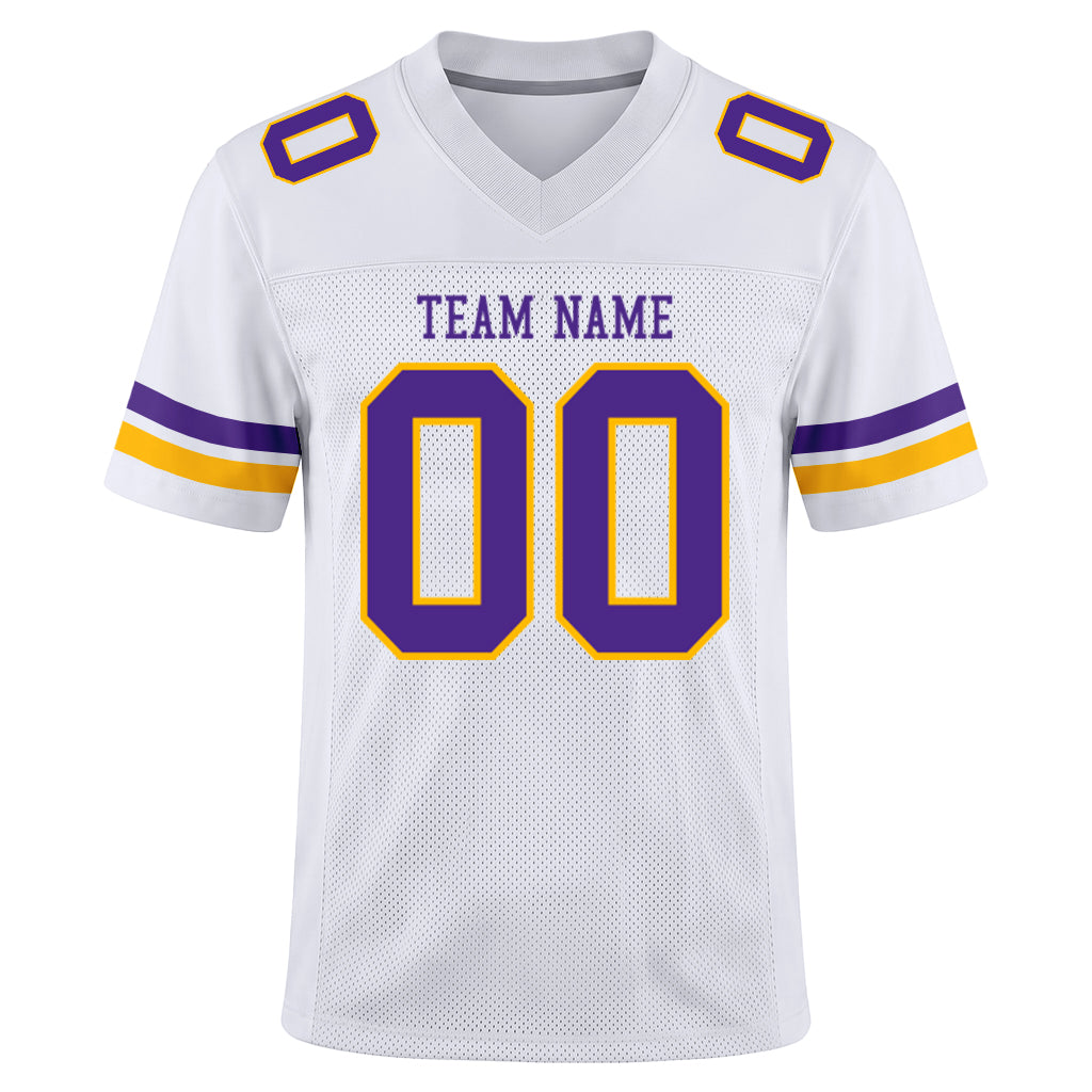 Custom White Purple-Gold Mesh Football Jersey