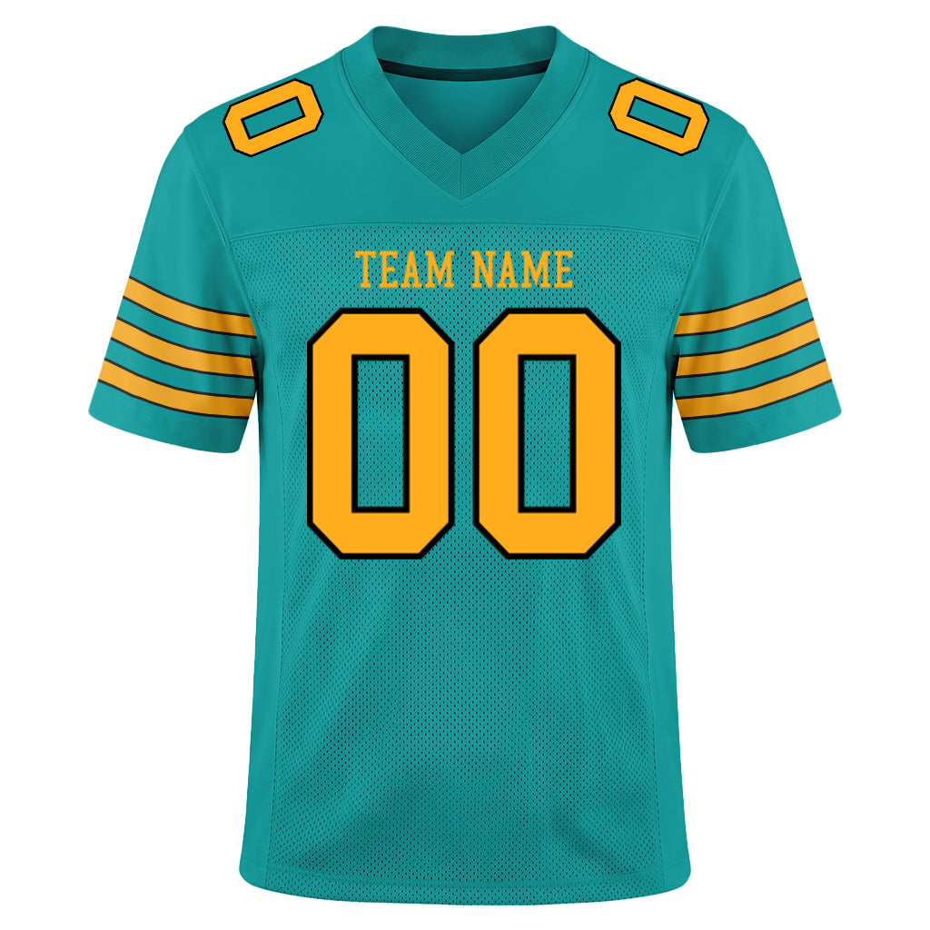 Custom Aqua Gold-Black Mesh Football Jersey