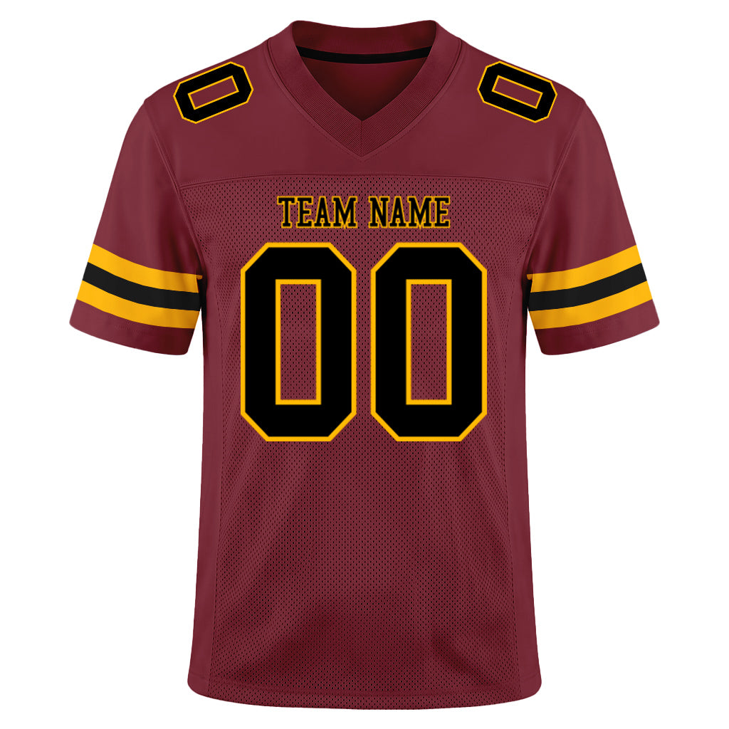 Custom Burgundy Black-Gold Mesh Football Jersey