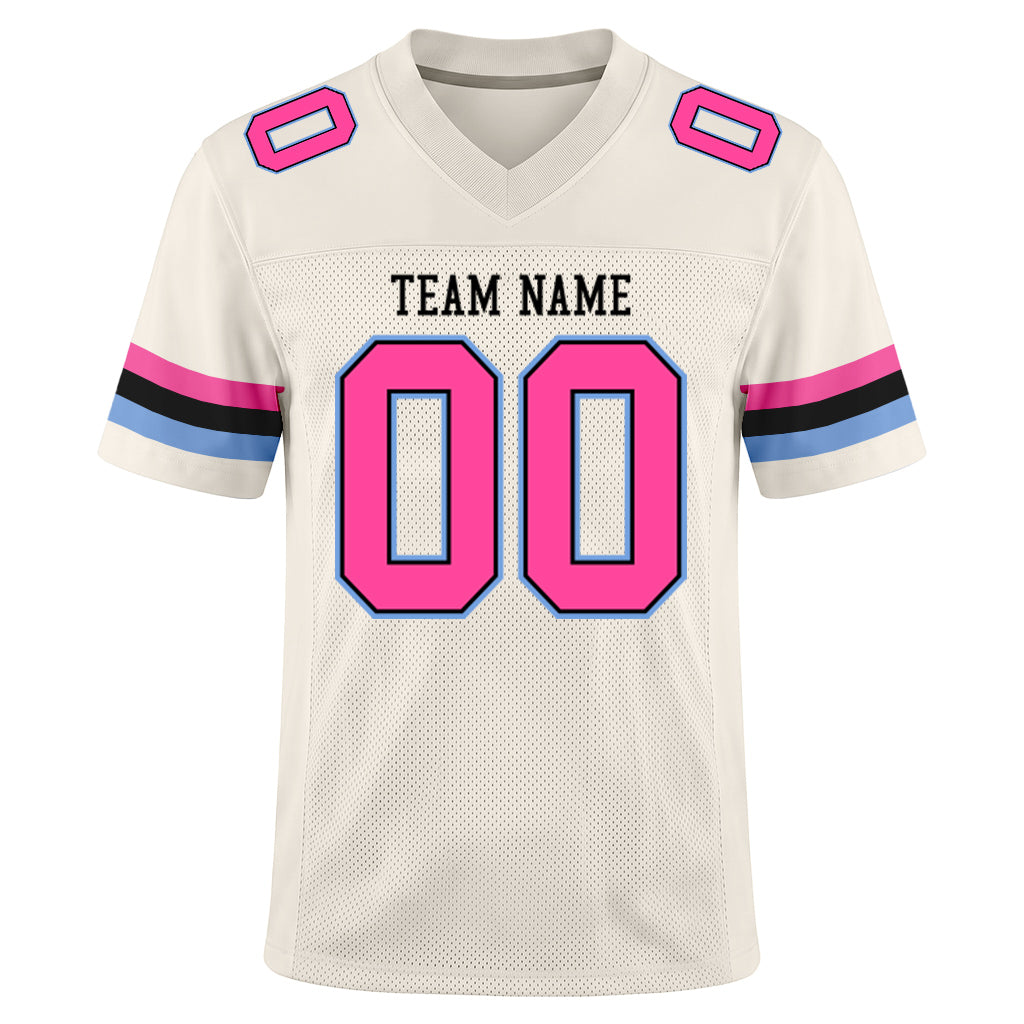 Custom Cream Pink Black-Light Blue Mesh Football Jersey