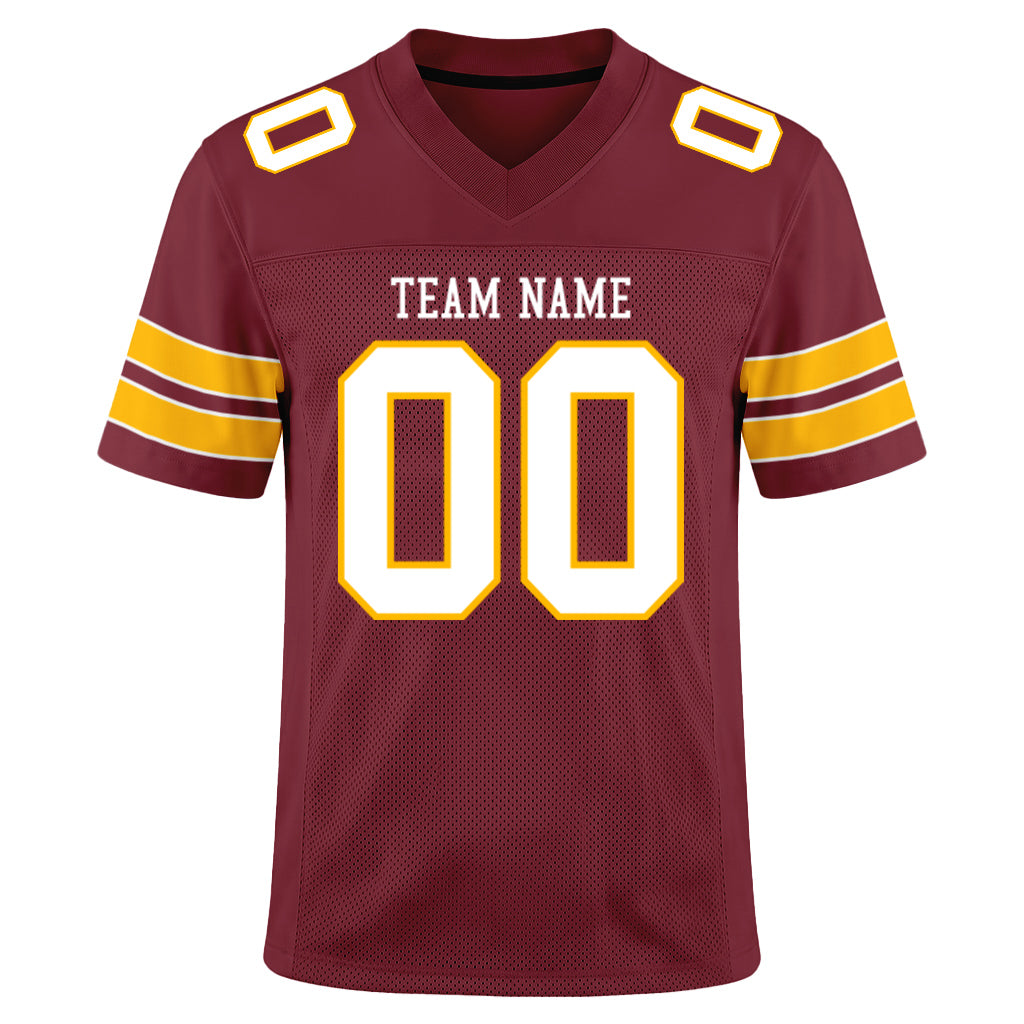 Custom Burgundy White-Gold Mesh Football Jersey