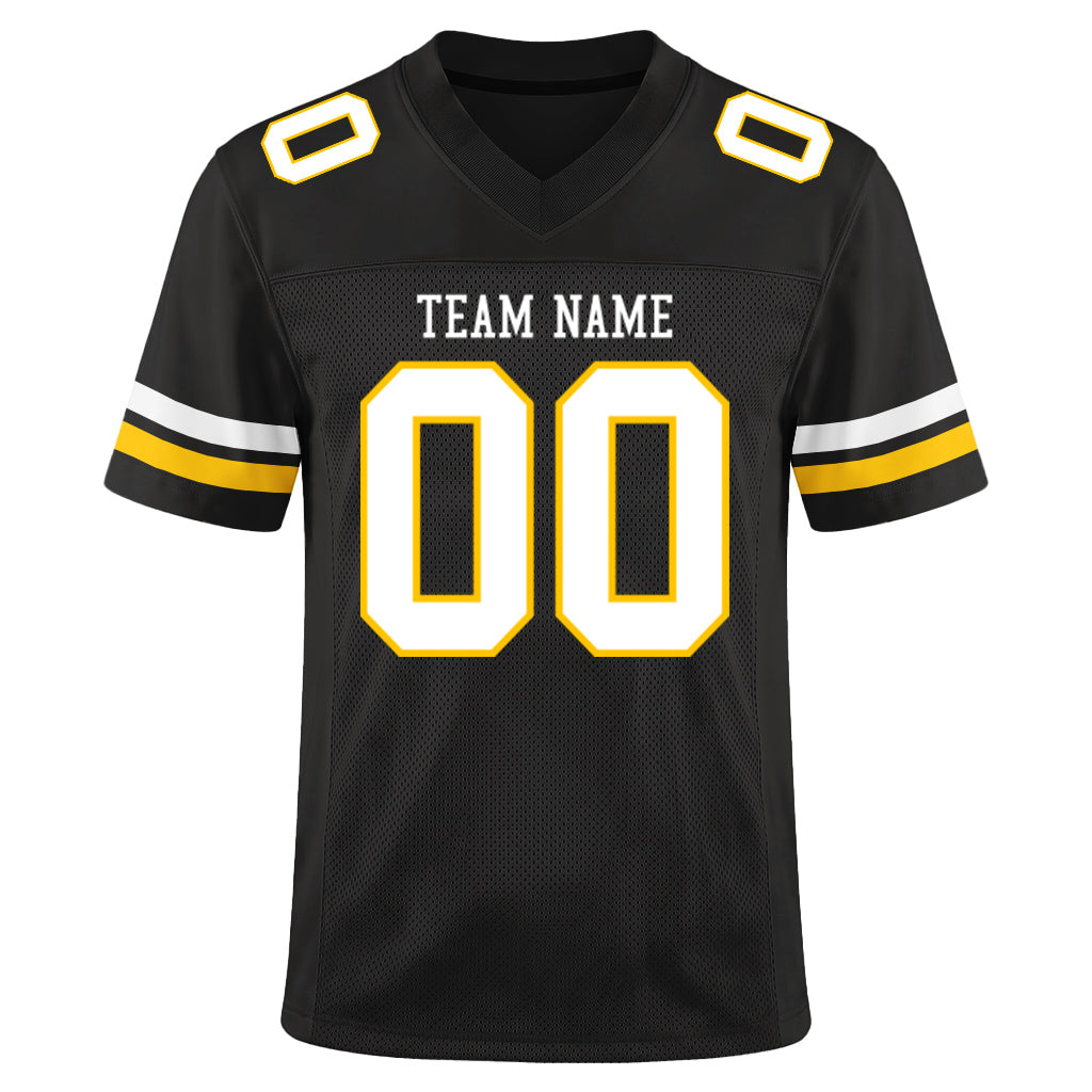 Custom Black White-Gold Mesh Football Jersey