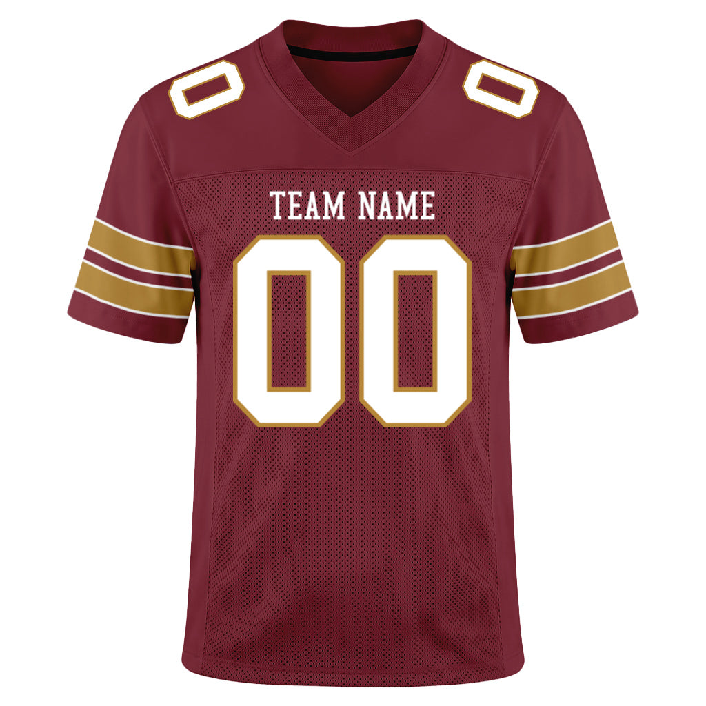 Custom Burgundy White-Old Gold Mesh Football Jersey