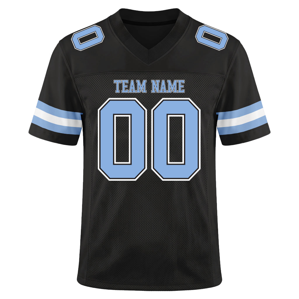 Custom Black Light Blue-White Custom Name Mesh Football Jersey
