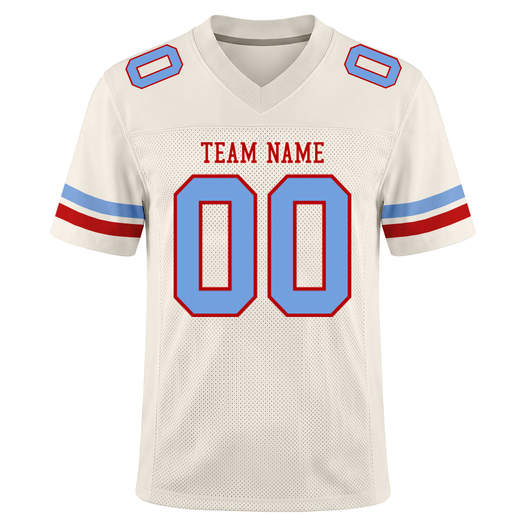 Custom Cream Light Blue-Red Mesh Football Jersey