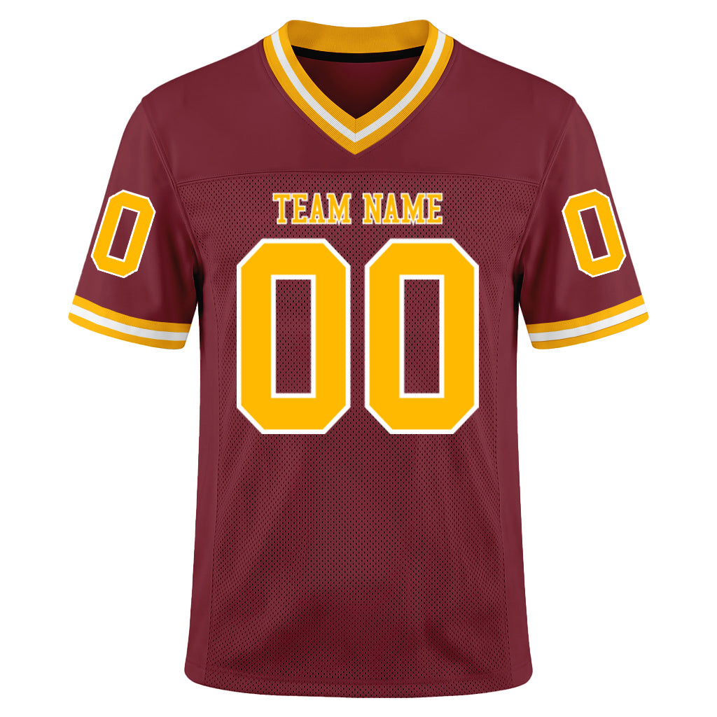 Custom Burgundy Gold-White Mesh Football Jersey