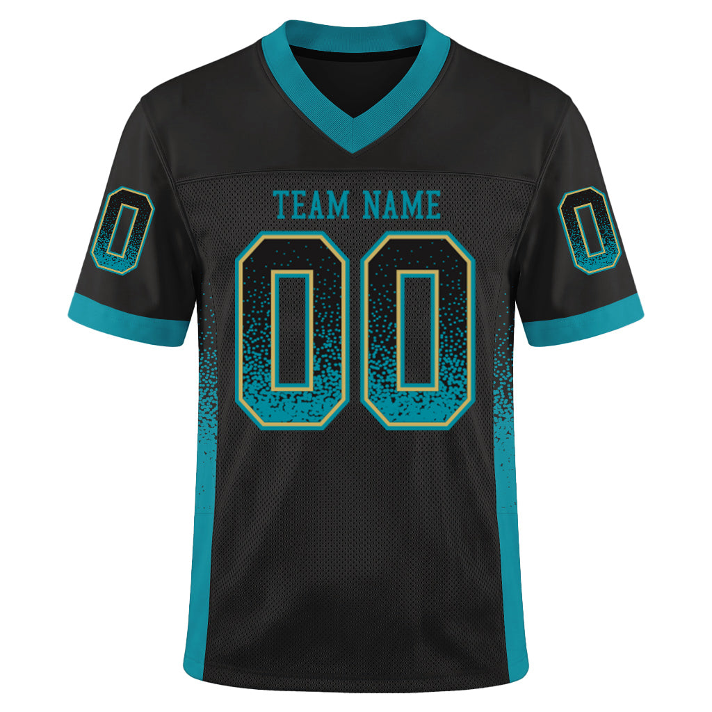 Custom Black Teal-Old Gold Drift Fashion Custom Name Mesh Football Jersey