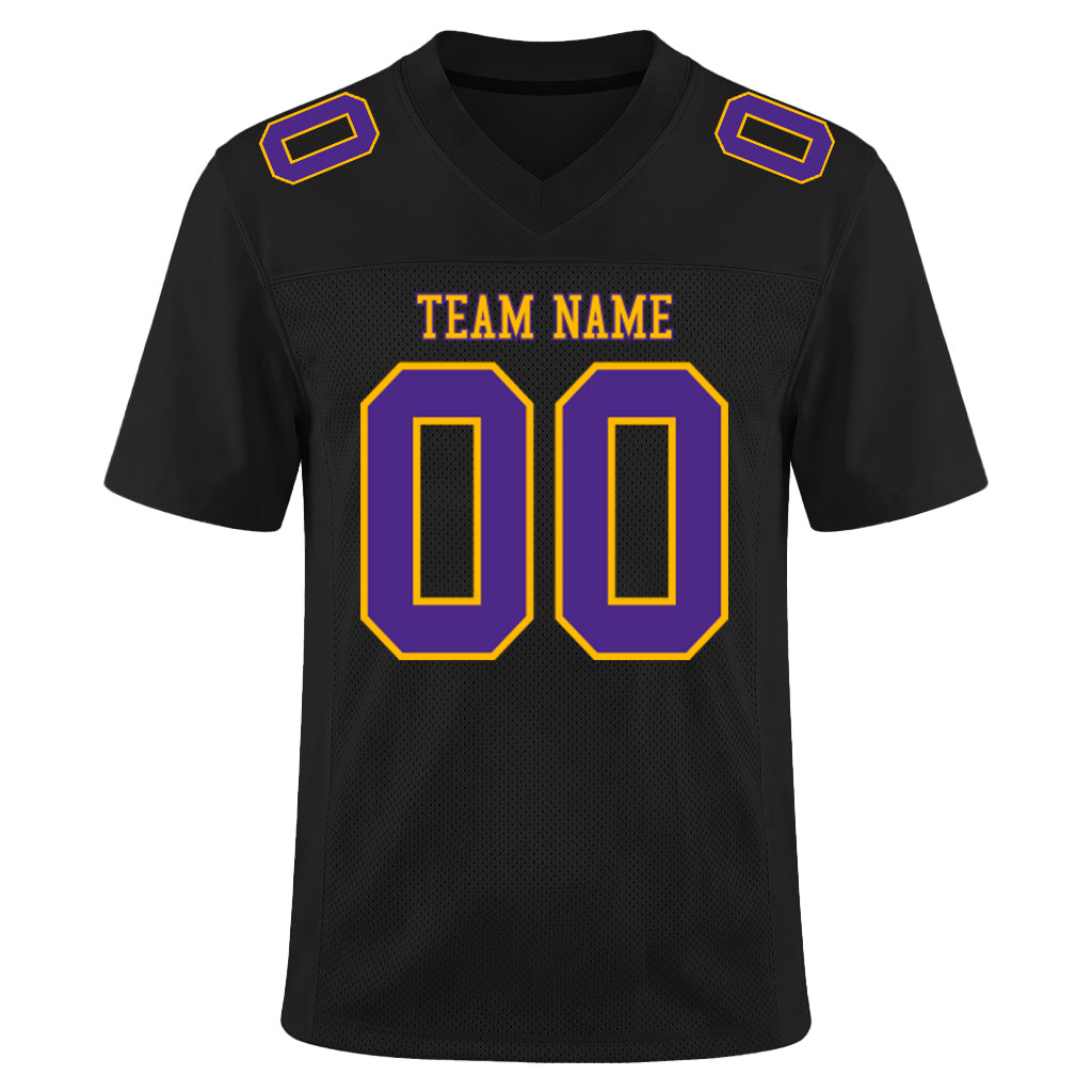 Custom Black Purple-Gold Mesh Football Jersey
