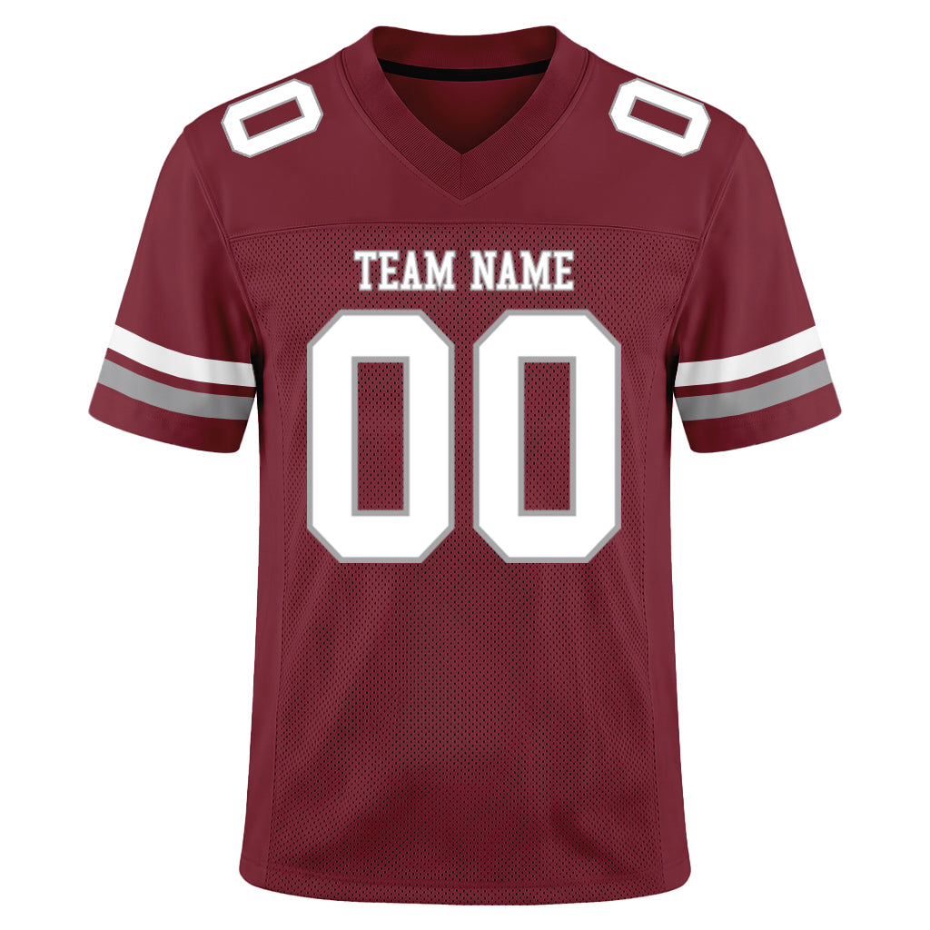 Custom Burgundy White-Gray Mesh Football Jersey