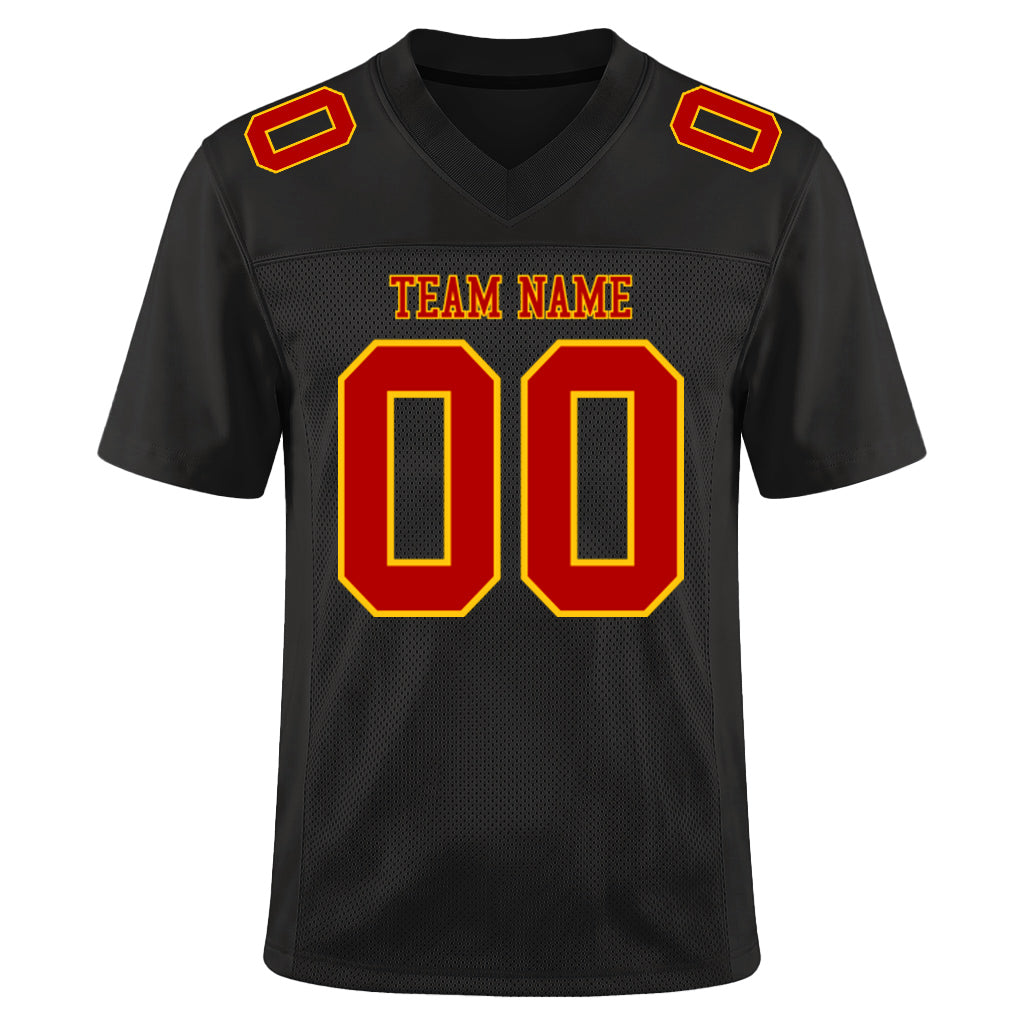 Custom Black Red-Gold Mesh Football Jersey