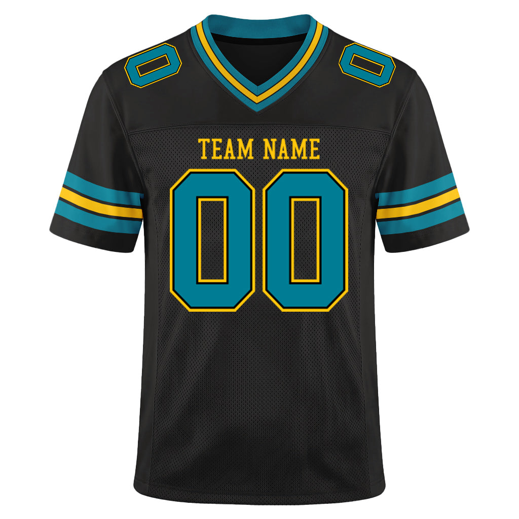 Custom Black Teal-Yellow Custom Name Mesh Football Jersey