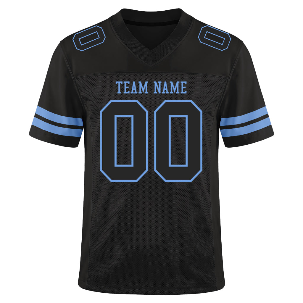 Custom Black Black-Light Blue Mesh Football Jersey