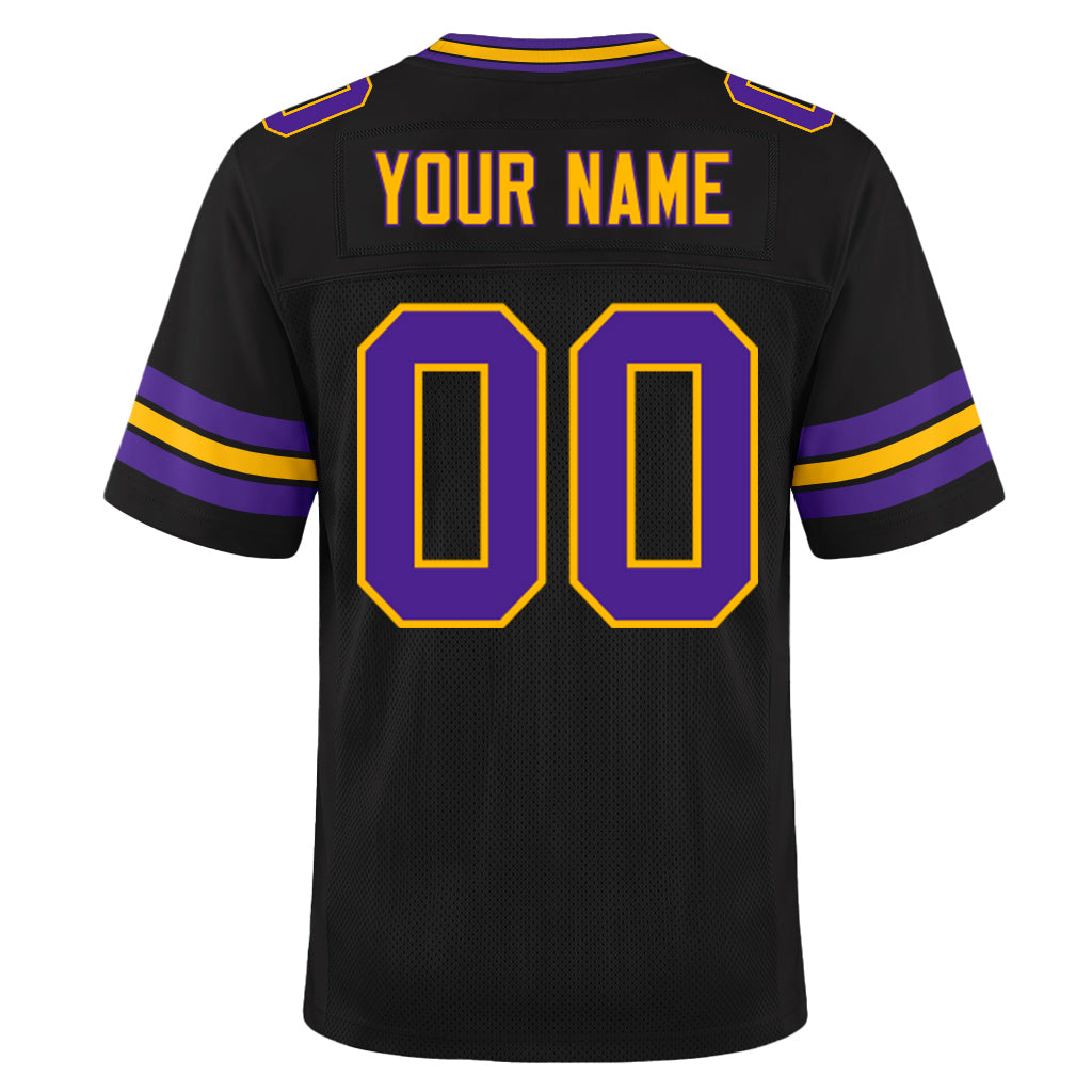 Custom Black Purple-Gold Mesh Football Jersey