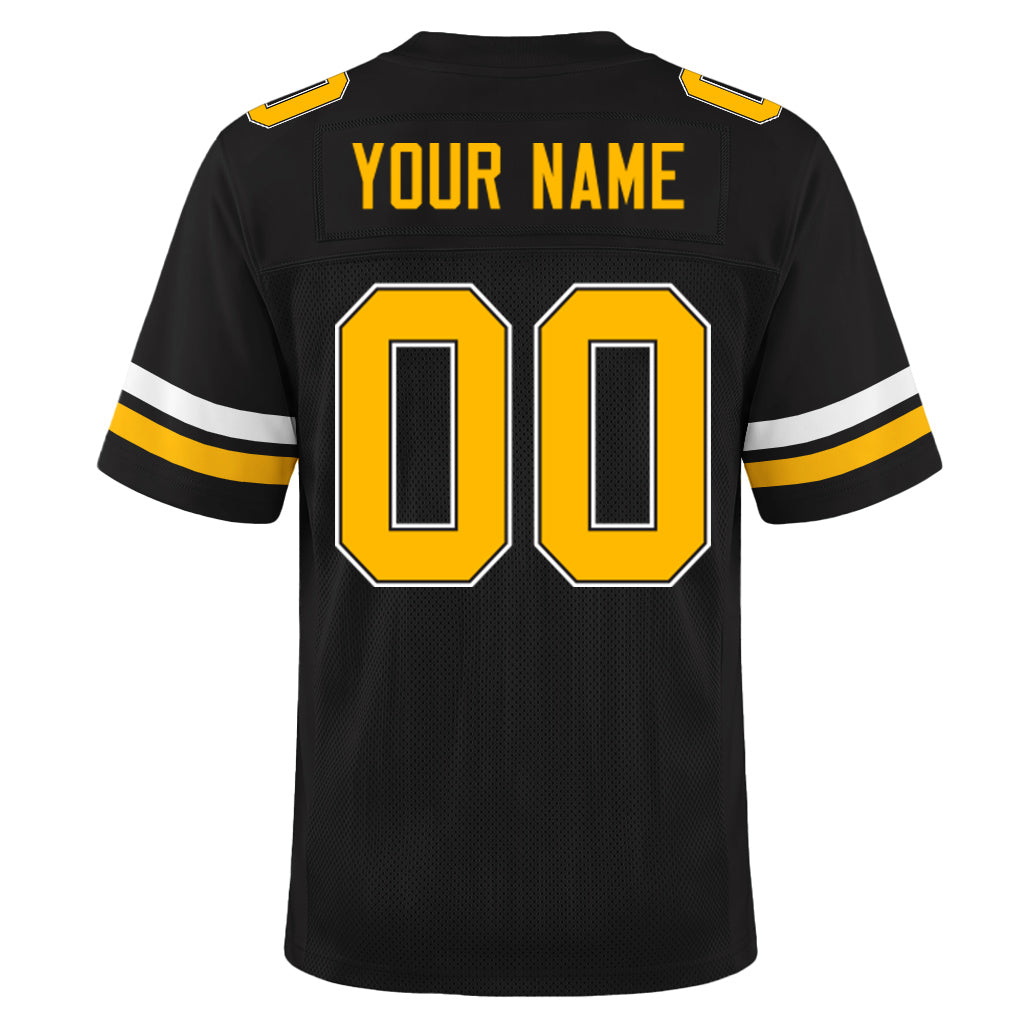 Custom Black Gold-White Mesh Football Jersey