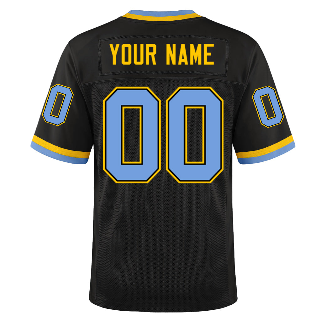 Custom Black Light Blue-Gold Mesh Throwback Mesh Football Jersey