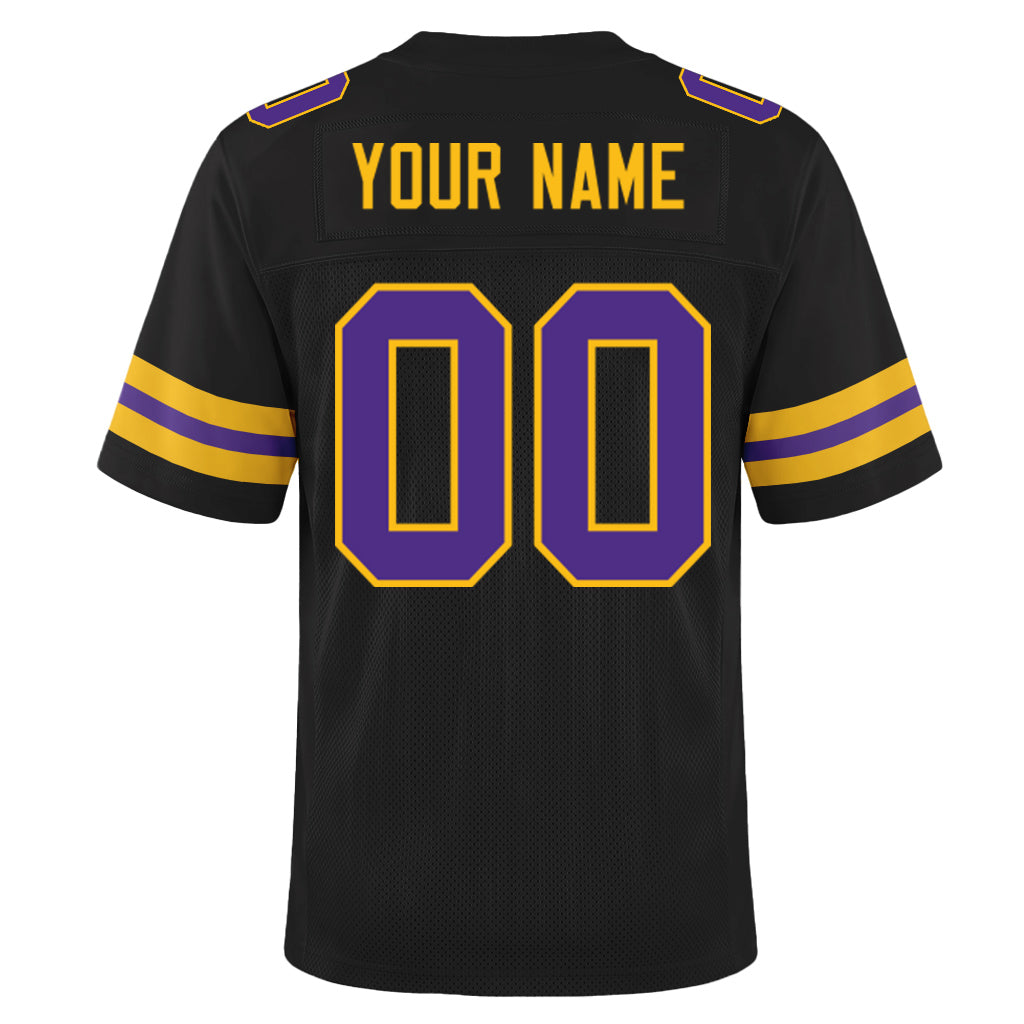 Custom Black Purple-Gold Mesh Football Jersey
