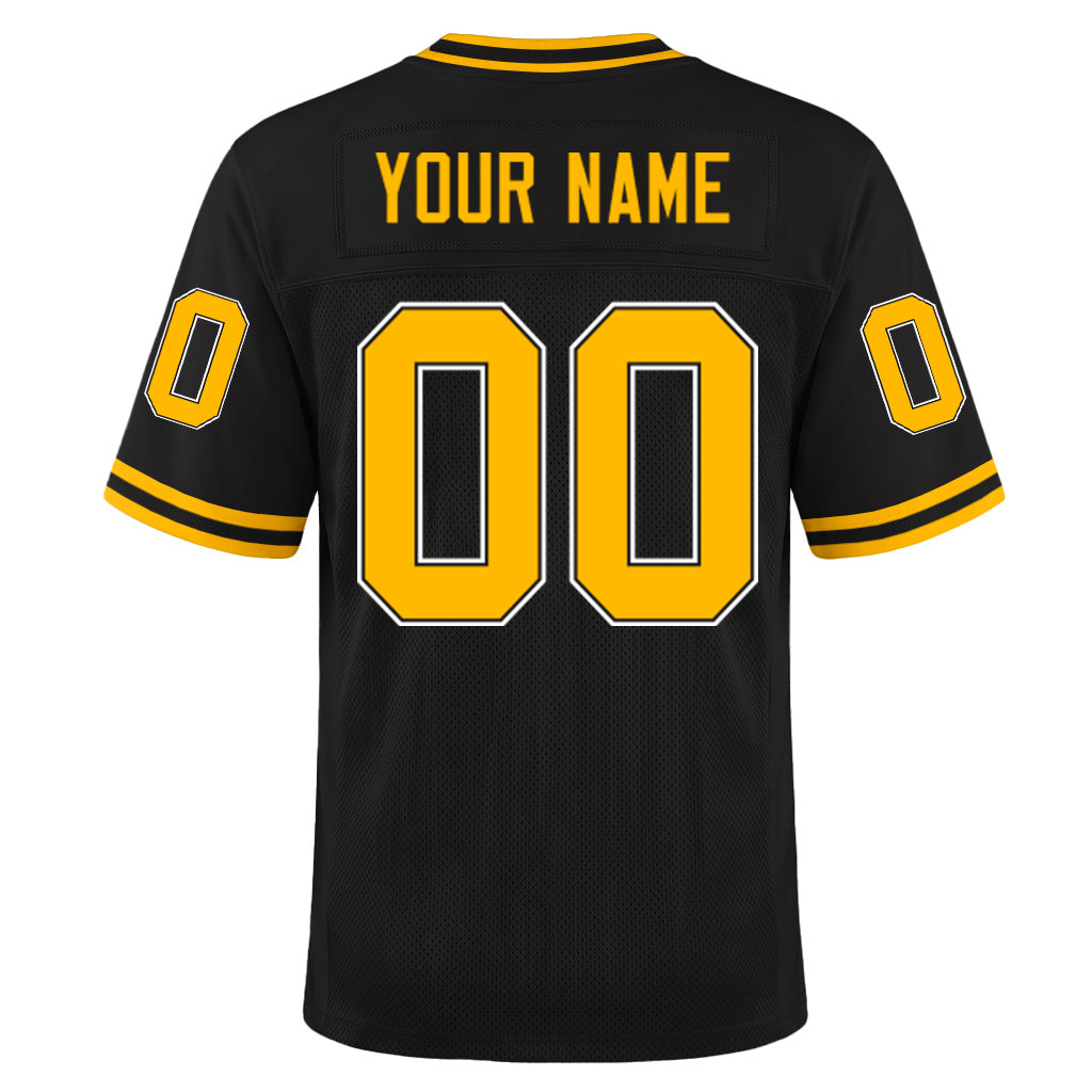Custom Black Gold-White Mesh Football Jersey