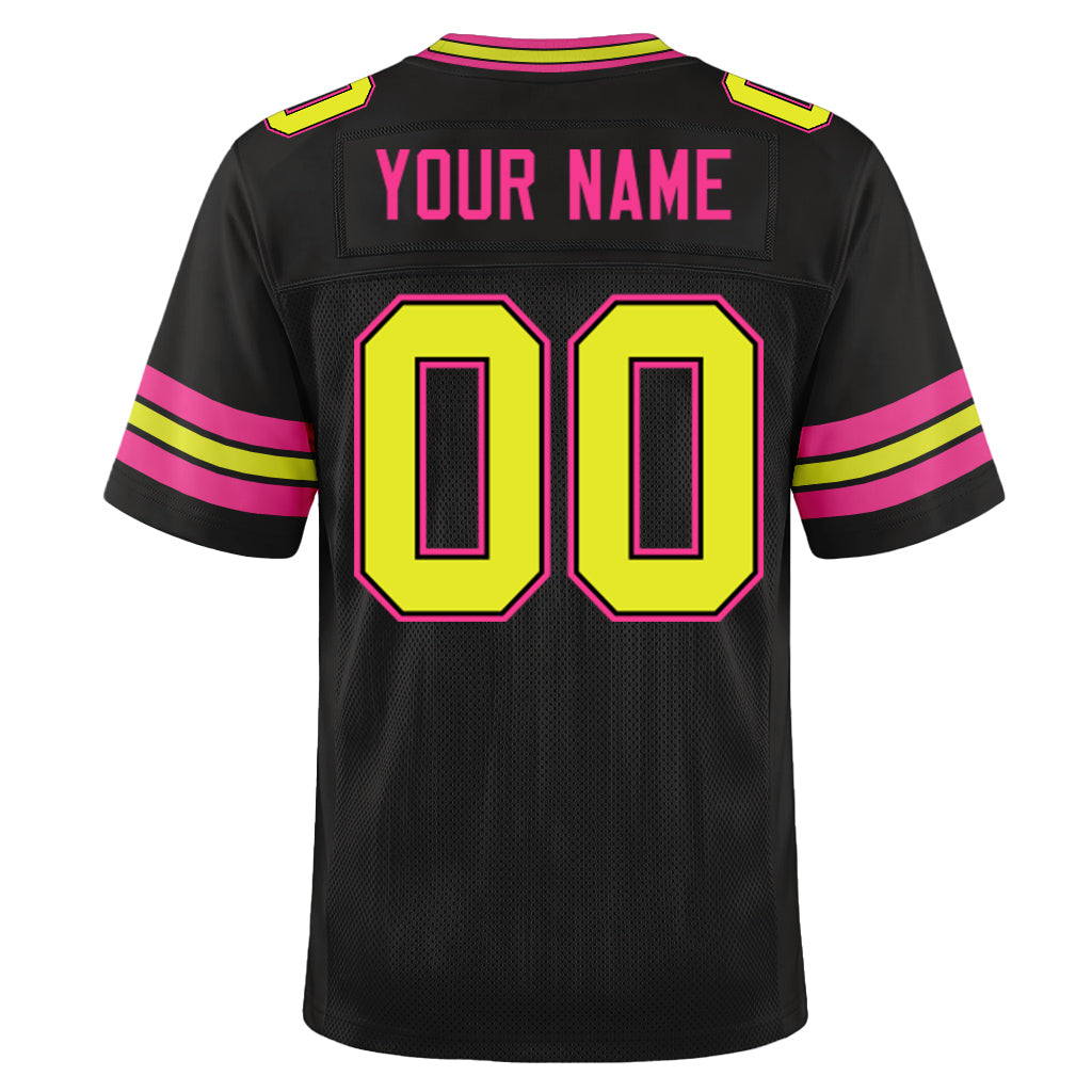 Custom Black Neon Yellow-Pink Mesh Football Jersey