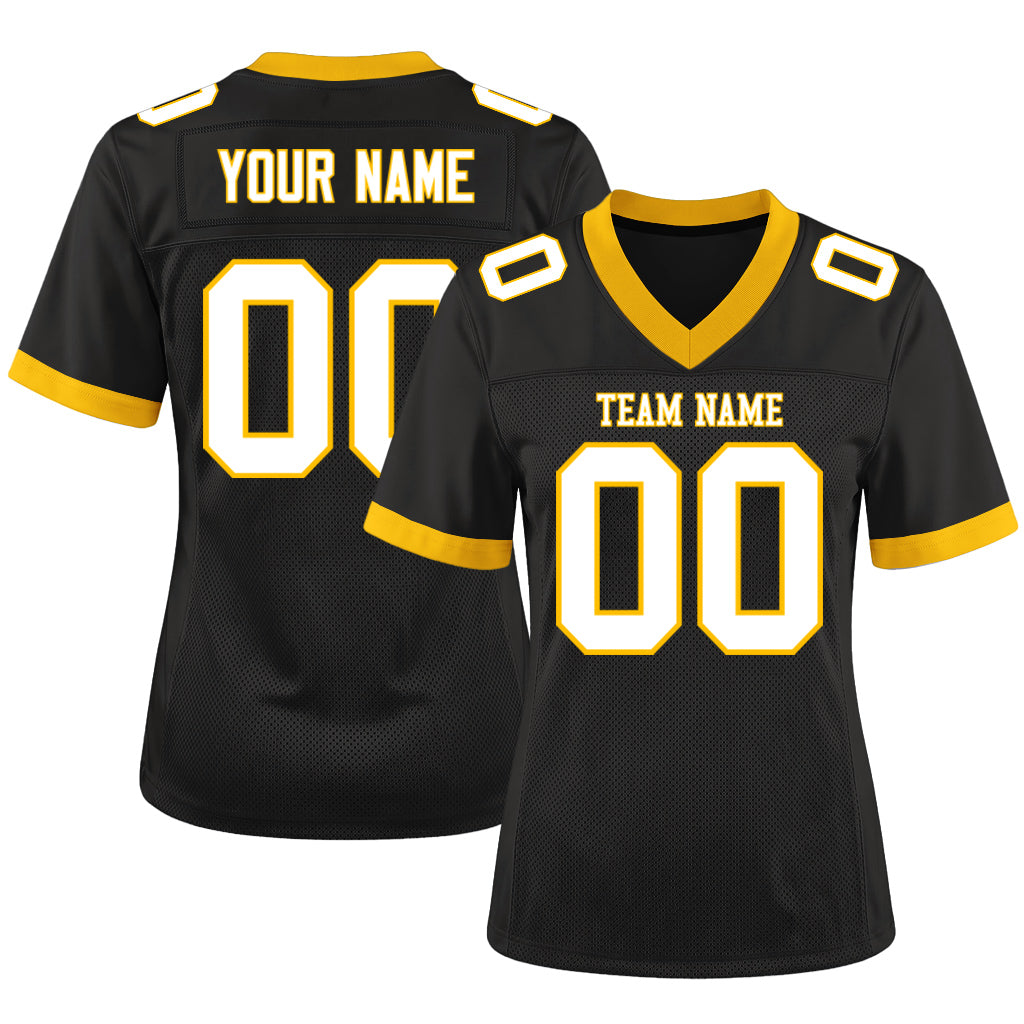 Custom Black White-Gold Mesh Football Jersey