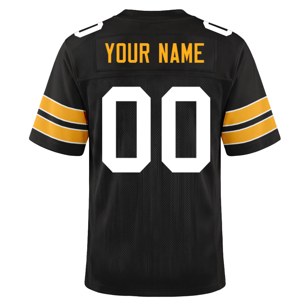 Custom Black White-Gold Mesh Football Jersey