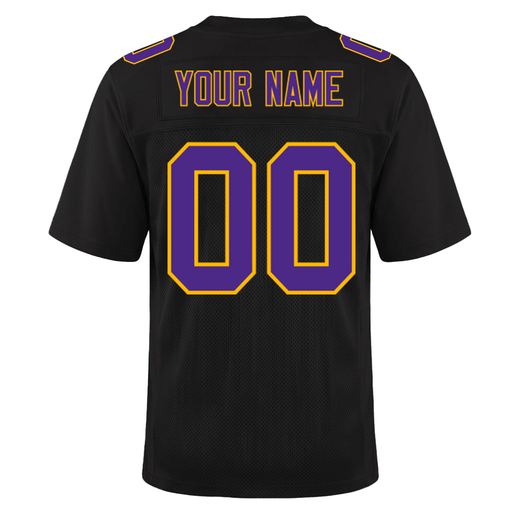 Custom Black Purple-Gold Mesh Football Jersey