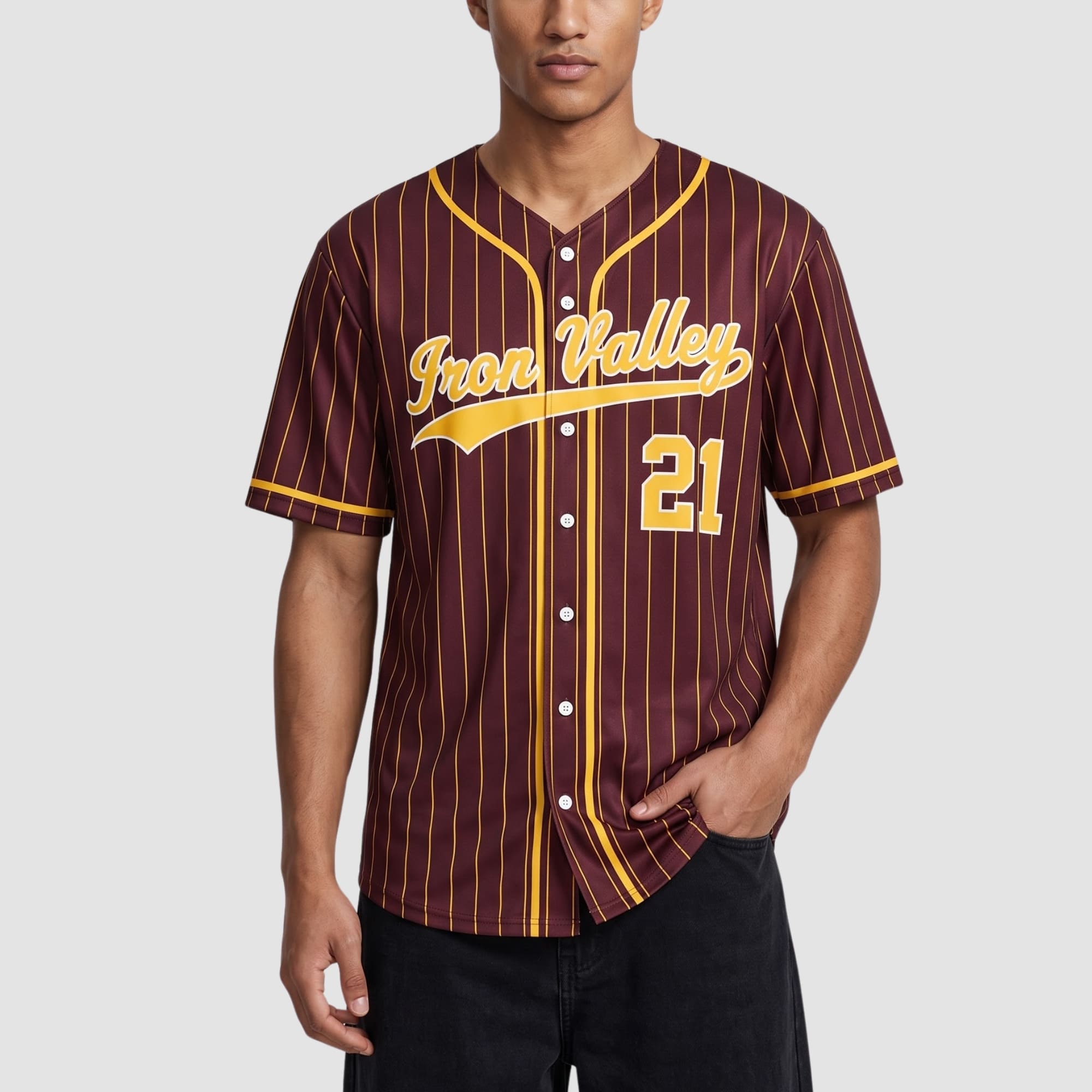 Custom Burgundy Gold White Piping Pinstripe Feature Baseball Jersey