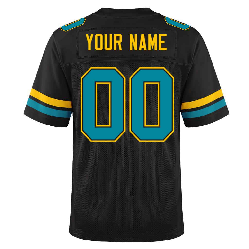 Custom Black Teal-Gold Mesh Football Jersey