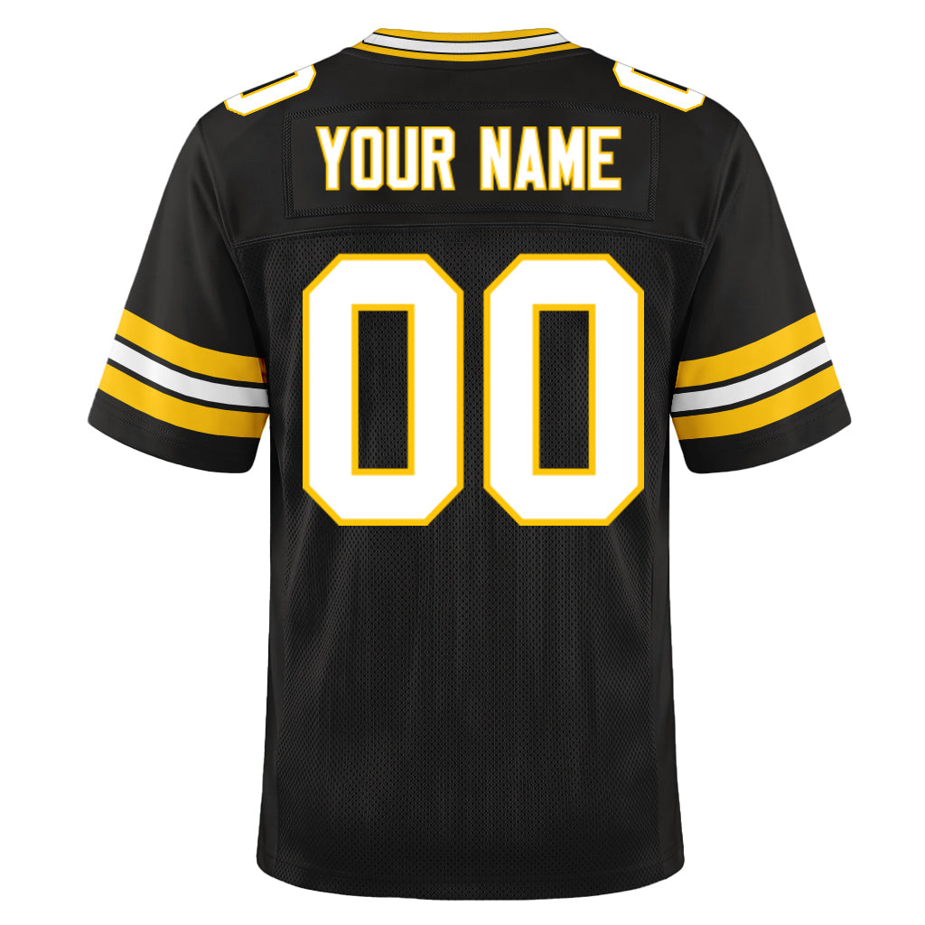Custom Black White-Gold Mesh Football Jersey