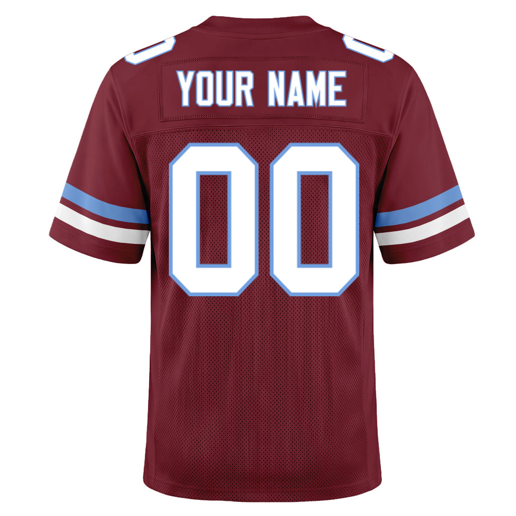 Custom Burgundy White-Light Blue Mesh Football Jersey