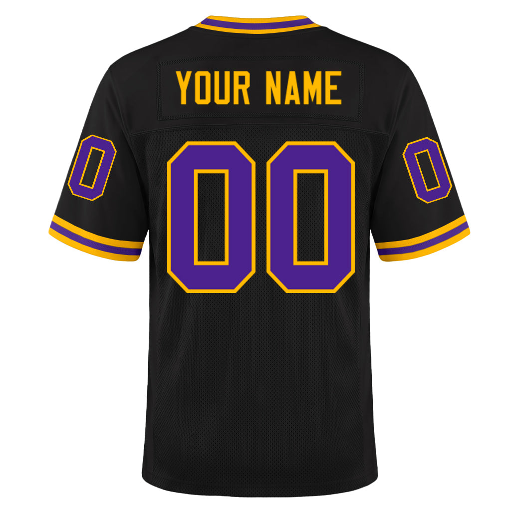 Custom Black Purple-Gold Mesh Football Jersey