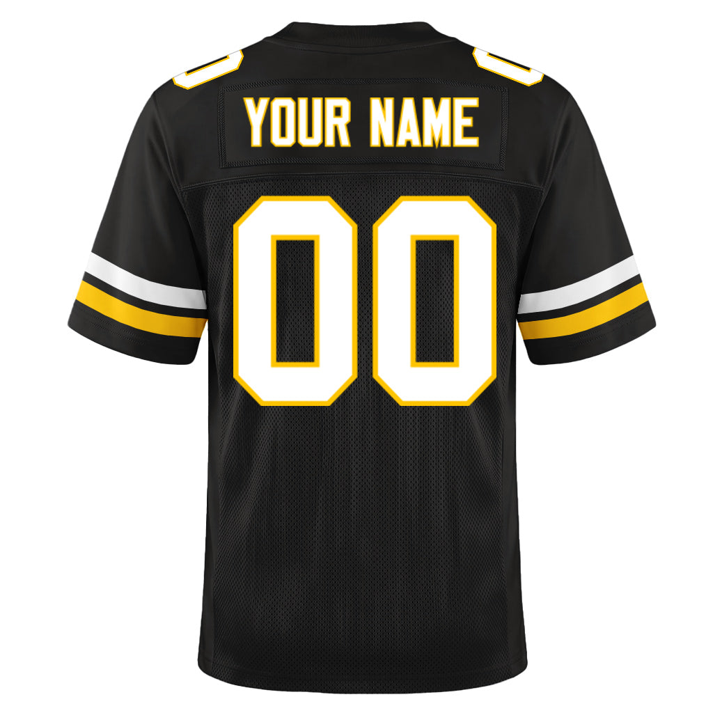 Custom Black White-Gold Mesh Football Jersey