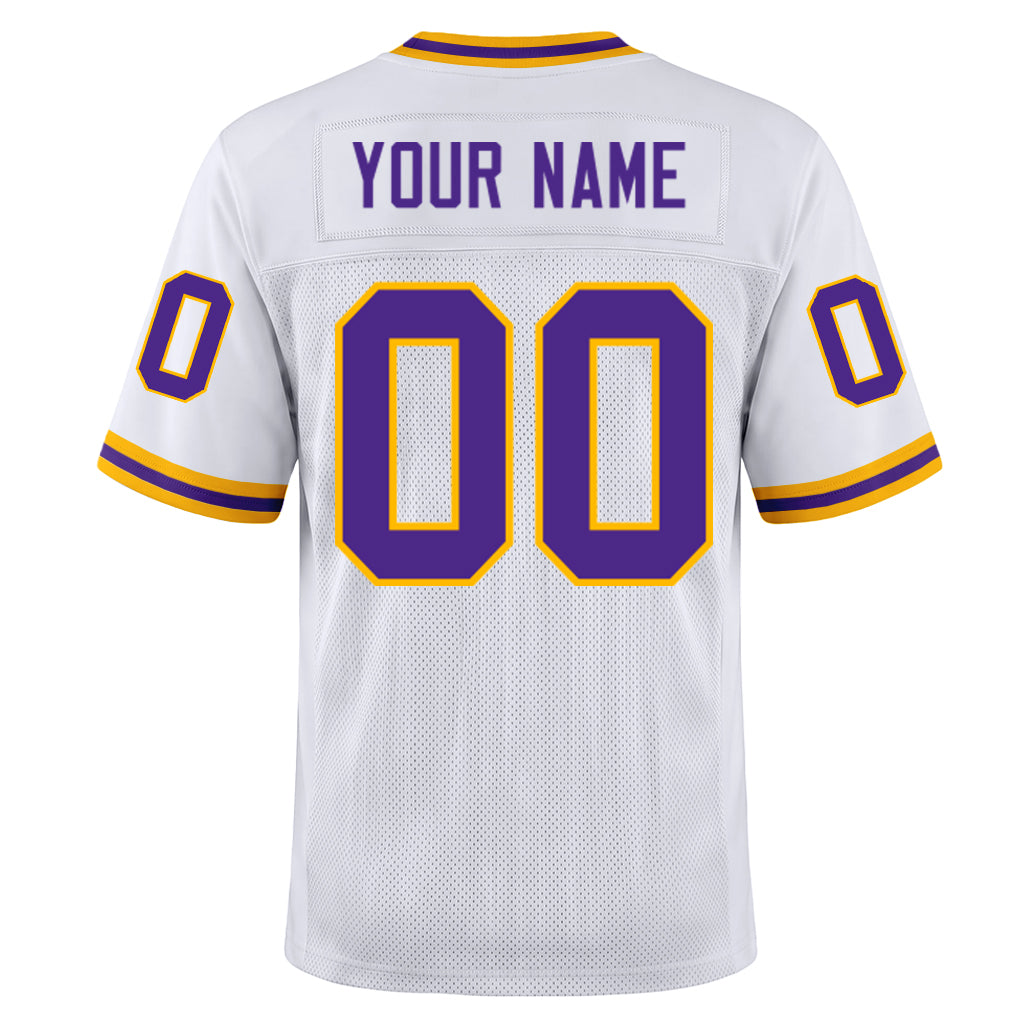 Custom White Purple-Gold Mesh Football Jersey