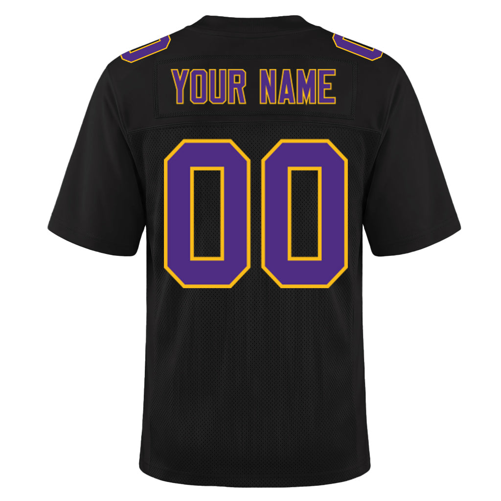Custom Black Purple-Gold Mesh Football Jersey