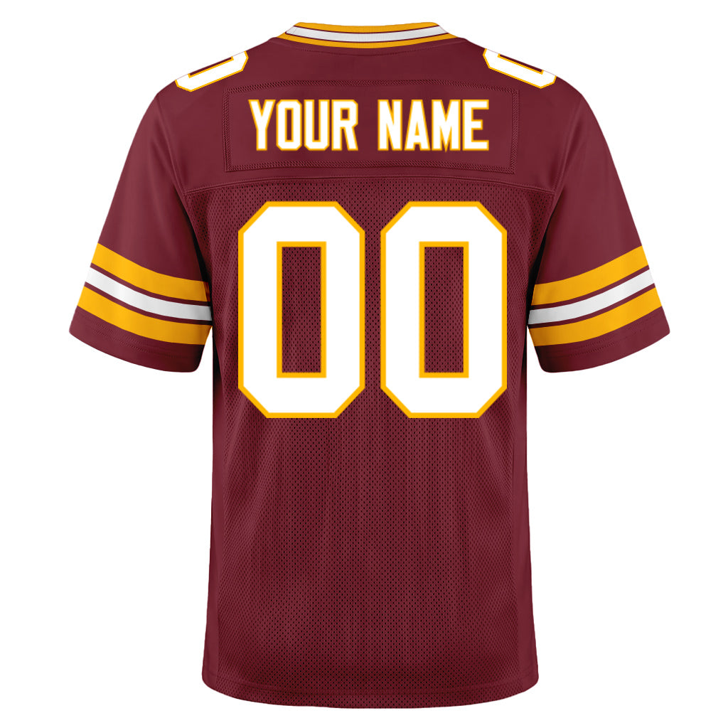 Custom Burgundy White-Gold Mesh Football Jersey