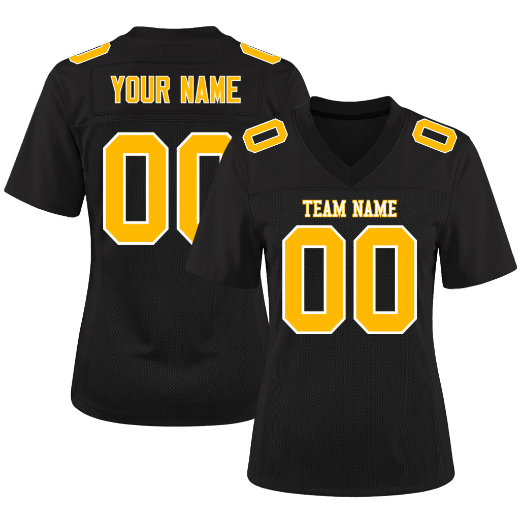 Custom Black Gold-White Mesh Football Jersey