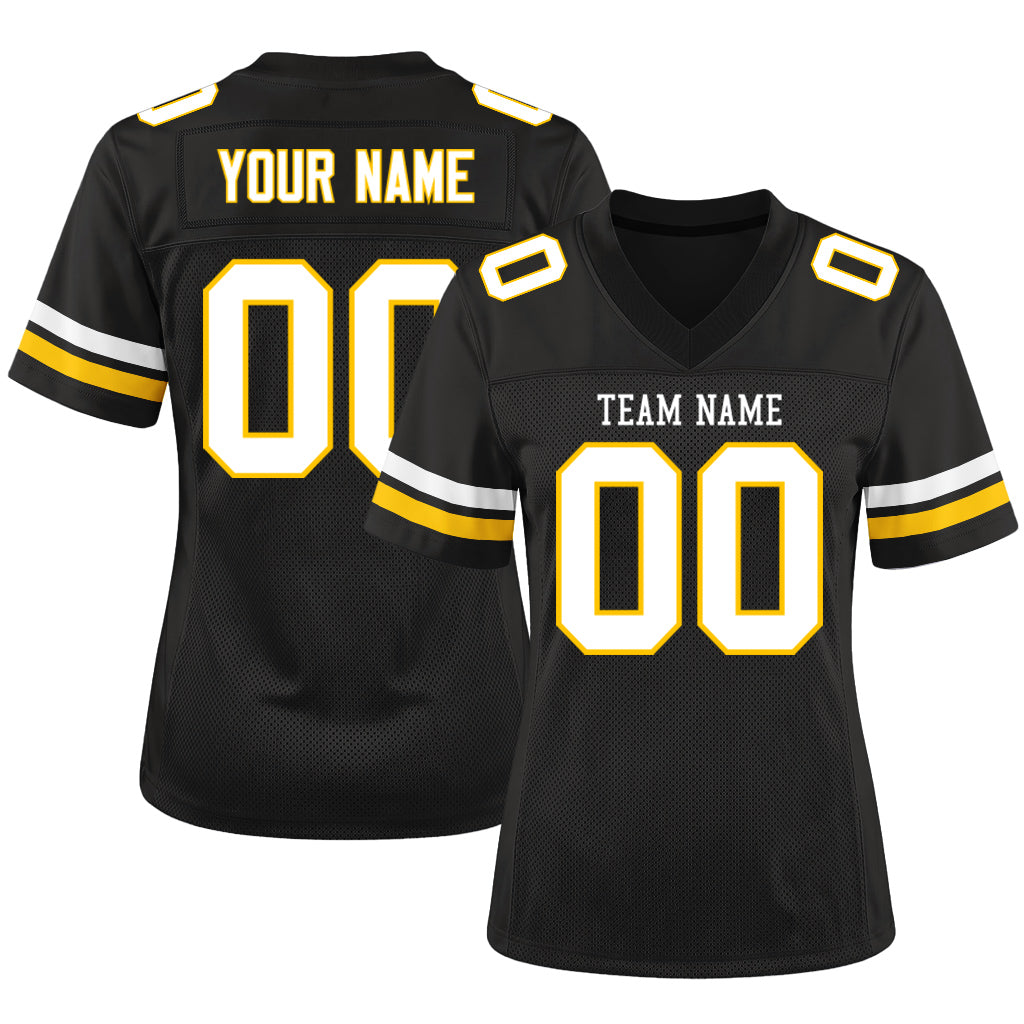 Custom Black White-Gold Mesh Football Jersey