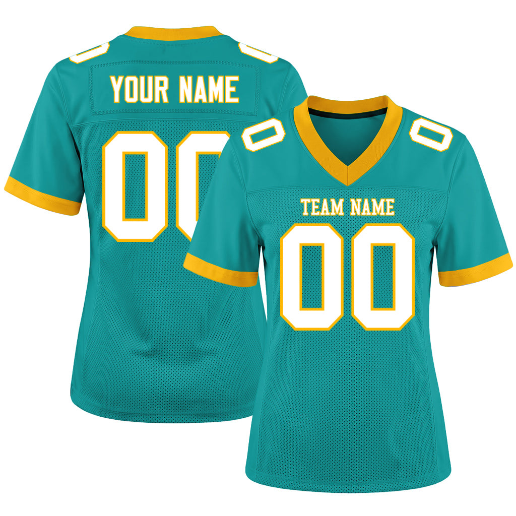 Custom Aqua White-Gold Mesh Football Jersey