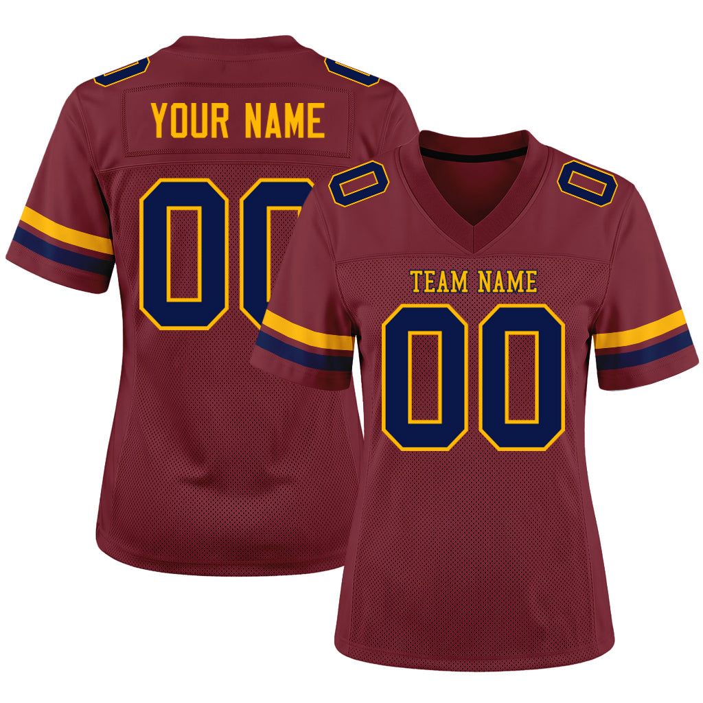Custom Burgundy Navy-Gold Mesh Football Jersey