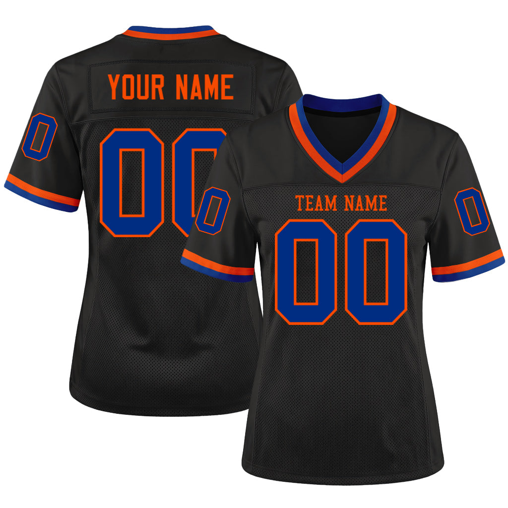Custom Black Royal-Orange Mesh Throwback Mesh Football Jersey