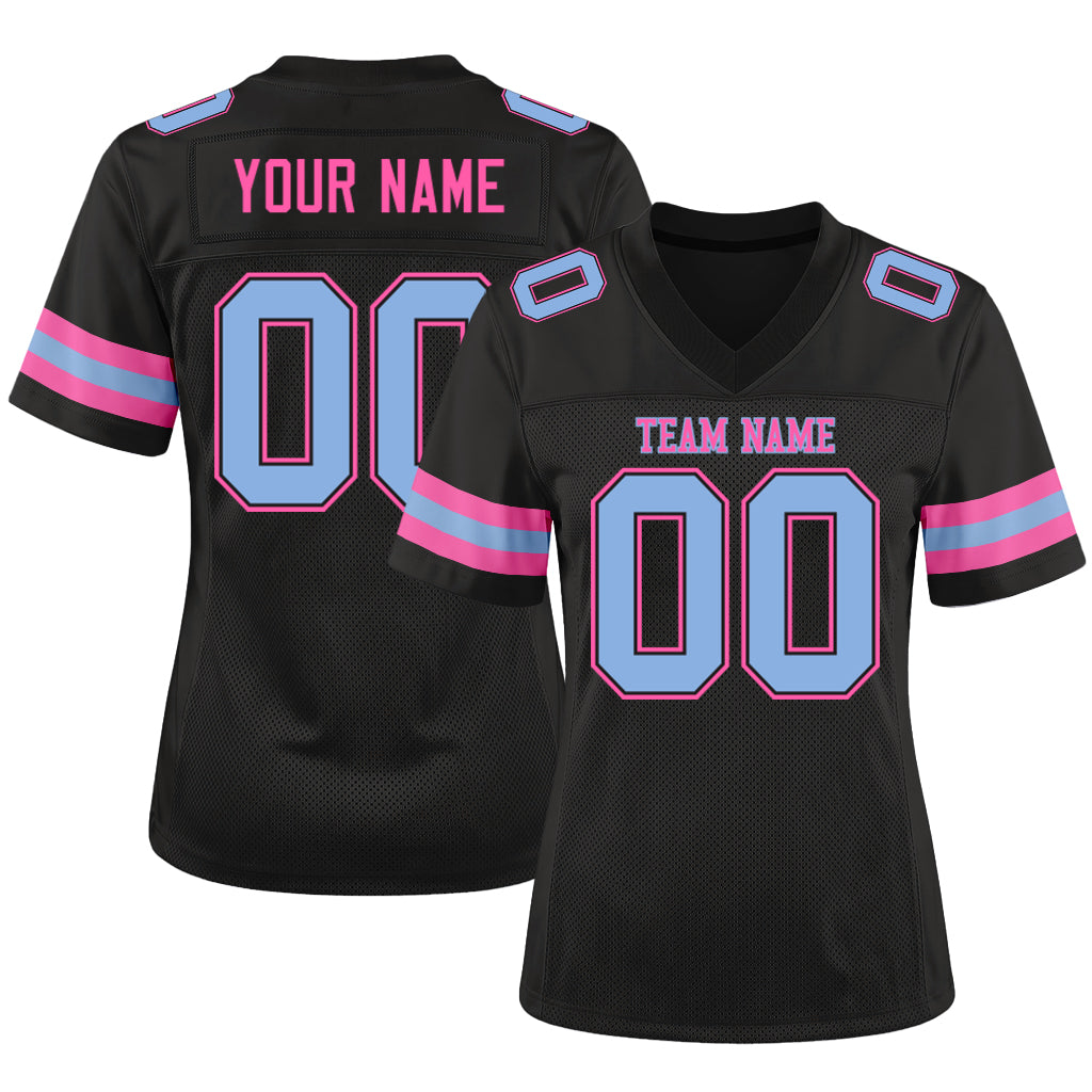 Custom Black Light Blue-Pink Mesh Football Jersey