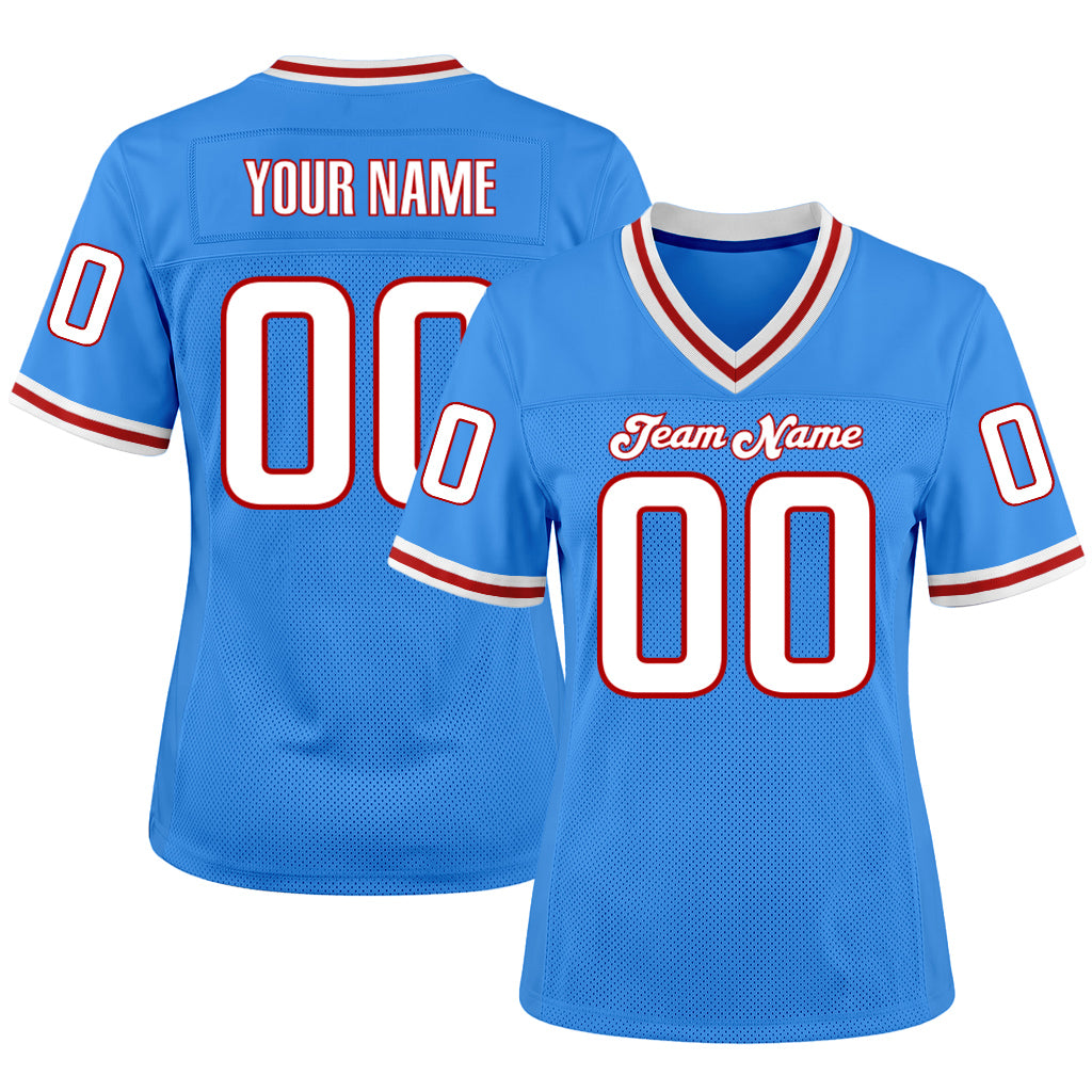 Custom Powder Blue White-Red Mesh Football Jersey